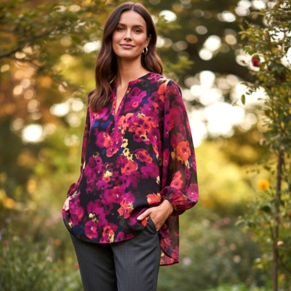 Catherines Women's Floral V-Neck Plus Size Hi-Lo Tunic Size 2X (22/24W) Flowy